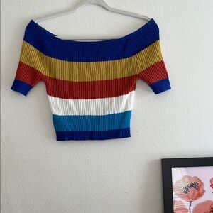 Colorful Striped Off-Shoulder Top perfect for overalls